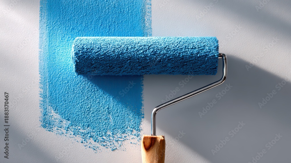 Obraz premium Blue paint roller in action creating a broad line across an interior wall