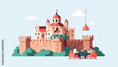 Two people relax in chairs outside a castle with a hanging lamp