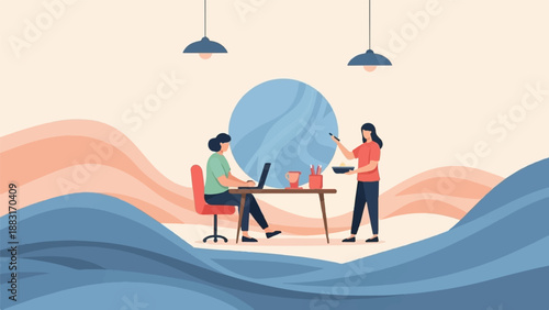 Two people, one working at a laptop, another serving food, in a stylized room