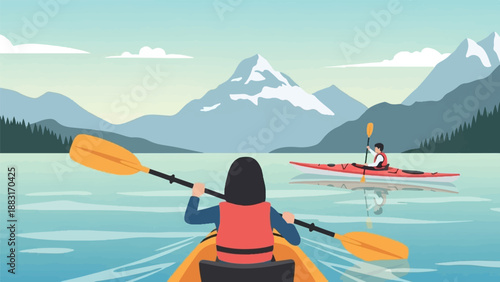 Two people paddle kayaks on a serene lake with snow-capped mountains