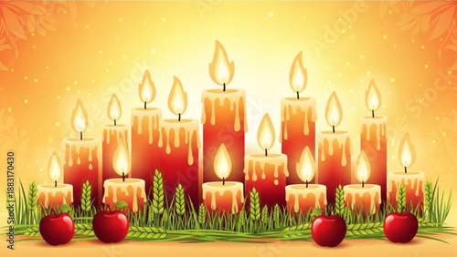 Row of lit candles with dripping wax surrounded by wheat and apples symbolizing harvest and celebration perfect for autumn holidays and festive occasions