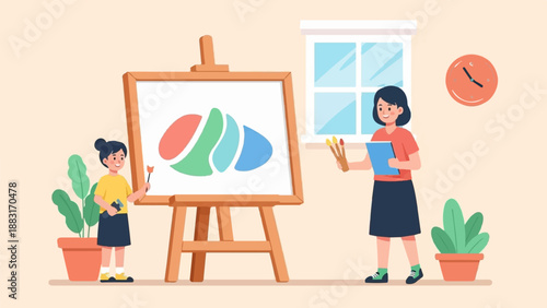 Two people painting on easel near potted plants and window