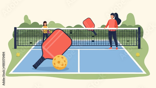 Two people play pickleball on a blue court with a net, paddles, and balls