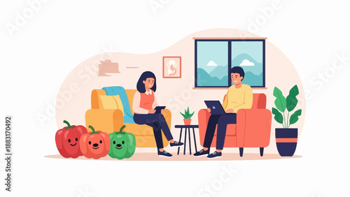 Two people relax in comfortable seating, one working on a laptop, with vegetables