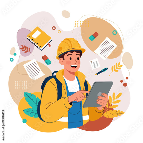 Young Engineer or Student in Hard Hat and Jacket Using Tablet, Vector Illustration of Male Architect Holding Digital Device with Stationery Elements, Technical Education and Construction Concept.