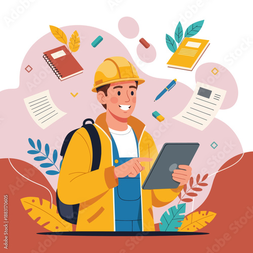 Young Engineer or Student in Hard Hat and Jacket Using Tablet, Vector Illustration of Male Architect Holding Digital Device with Stationery Elements, Technical Education and Construction Concept.