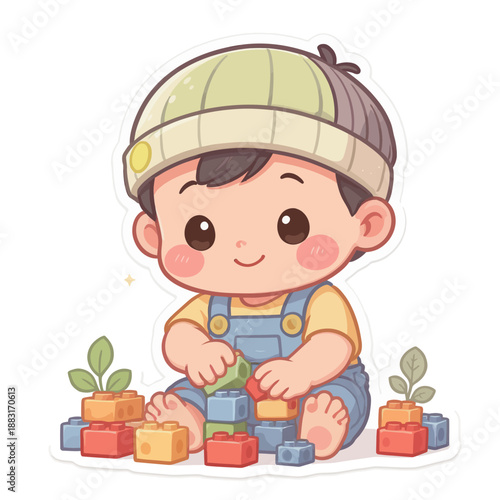 Adorable animated baby boy with a sweet smile, joyfully engaging in creative play with colorful building blocks, symbolizing early childhood development and the wonder of learning and growth