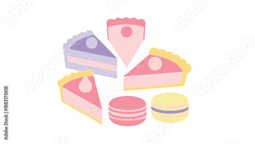 Sweet Pastel Food Illustration Featuring Slices Of Cake And Macarons Dessert Treats