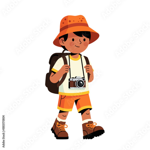 Little Boy Explorer Walking with Backpack and Camera, Young Backpacker Traveler Character in Vector Illustration, Kid Adventurer Isolated on White Background for Travel and Tourism Concept.