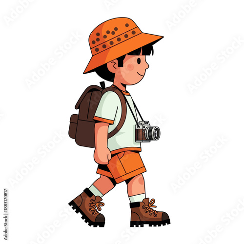 Little Boy Explorer Walking with Backpack and Camera, Young Backpacker Traveler Character in Vector Illustration, Kid Adventurer Isolated on White Background for Travel and Tourism Concept.