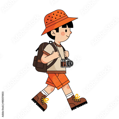 Little Boy Explorer Walking with Backpack and Camera, Young Backpacker Traveler Character in Vector Illustration, Kid Adventurer Isolated on White Background for Travel and Tourism Concept.