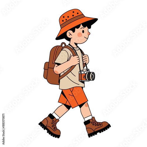 Little Boy Explorer Walking with Backpack and Camera, Young Backpacker Traveler Character in Vector Illustration, Kid Adventurer Isolated on White Background for Travel and Tourism Concept.