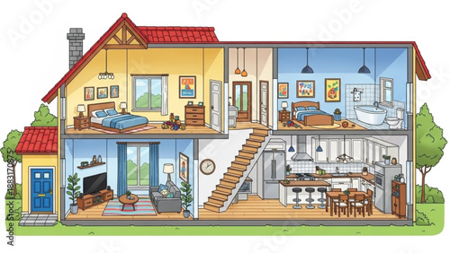 Cartoon Family House Cutaway – Detailed Modern Interior with Furniture Illustration