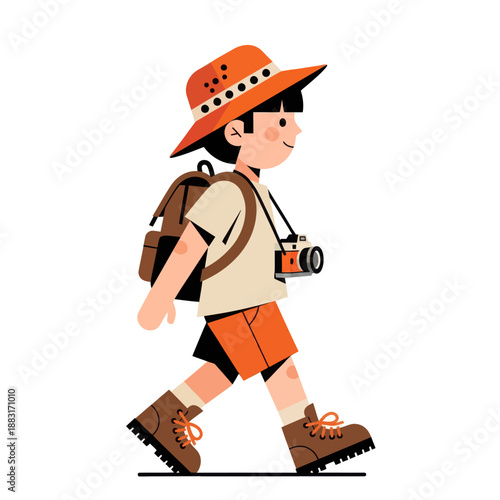 Little Boy Explorer Walking with Backpack and Camera, Young Backpacker Traveler Character in Vector Illustration, Kid Adventurer Isolated on White Background for Travel and Tourism Concept.