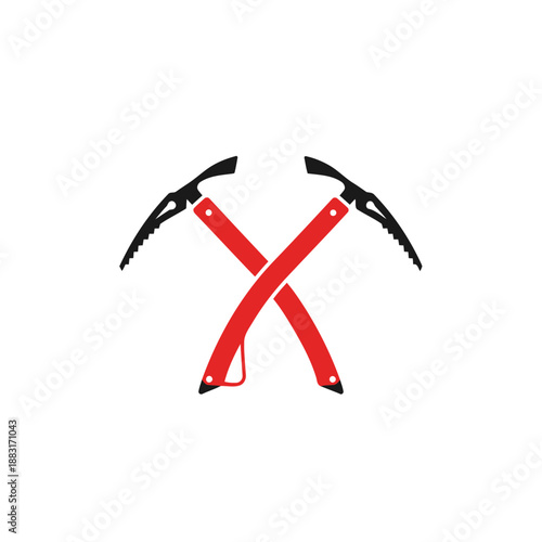 Two crossed ice axes on a white background