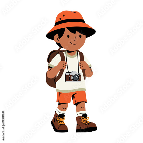 Little Boy Explorer Walking with Backpack and Camera, Young Backpacker Traveler Character in Vector Illustration, Kid Adventurer Isolated on White Background for Travel and Tourism Concept.