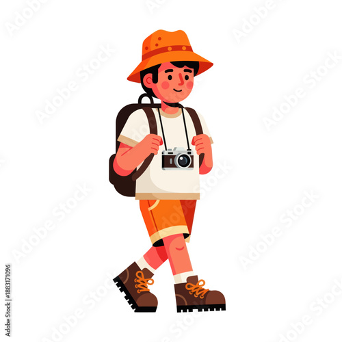 Little Boy Explorer Walking with Backpack and Camera, Young Backpacker Traveler Character in Vector Illustration, Kid Adventurer Isolated on White Background for Travel and Tourism Concept.