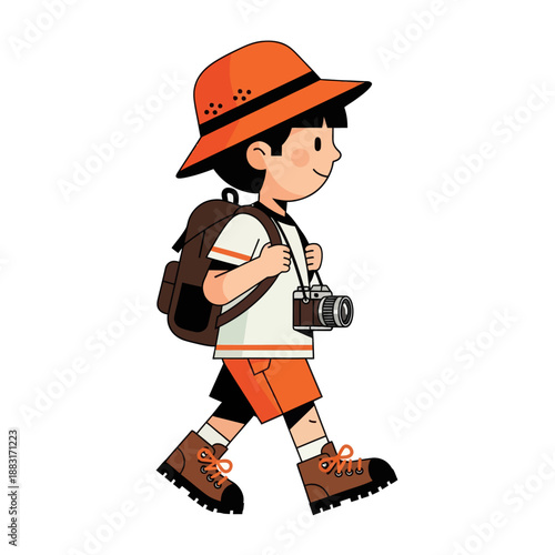 Little Boy Explorer Walking with Backpack and Camera, Young Backpacker Traveler Character in Vector Illustration, Kid Adventurer Isolated on White Background for Travel and Tourism Concept.