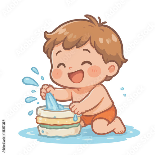 Adorable baby boy joyfully playing with water and stacked toys, enjoying a fun bath time activity