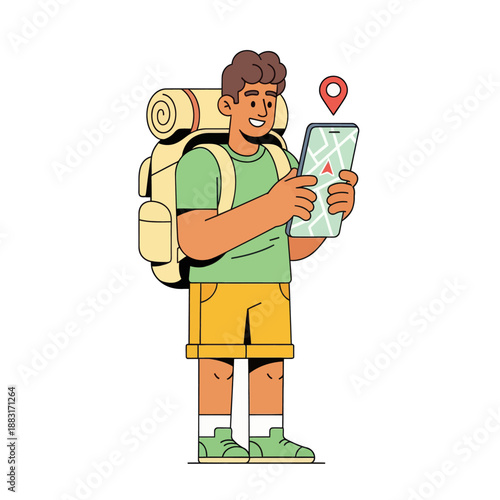 Young Male Traveler with Backpack Using Navigation Map on Smartphone, Vector Illustration of Man Navigating with Mobile GPS App, Happy Backpacker Explorer Isolated on White Background.