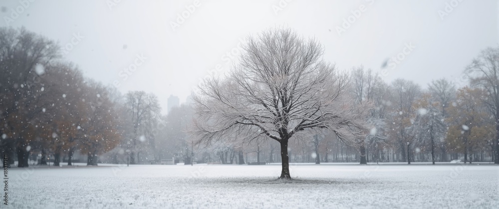 Obraz premium Autumn or winter city park with bokeh background blur, featuring the initial snowfall