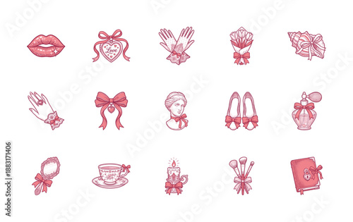 Hand Drawn Pink Engraving Coquette Aesthetic Graphic Element Set for Romantic Scrapbooking and Stationery Design