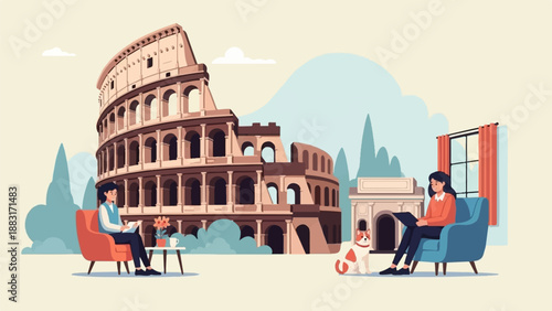 Two people and a dog relax near ancient Roman landmarks on a bright day