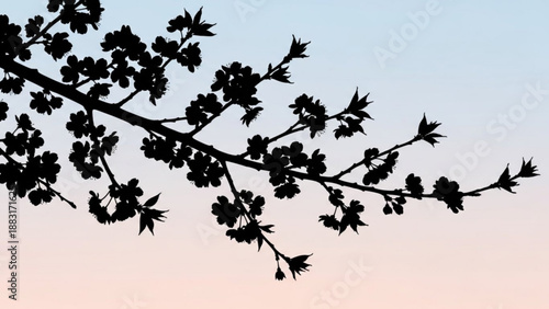Silhouette of a blooming cherry blossom branch against a soft gradient sky symbolizing spring and natures renewal perfect for seasonal design