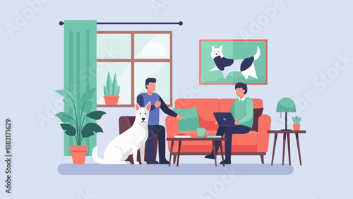 Two people and a dog relaxing in a living room with plants
