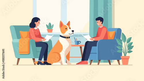 Two people and a dog sit in chairs, reading papers indoors