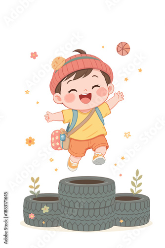 Happy child cartoon in a hat and backpack joyfully jumps on tires with flowers, illustrating playful outdoor fun and pure childhood happiness