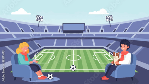 Two people and a dog sit in chairs watching a soccer game at a stadium