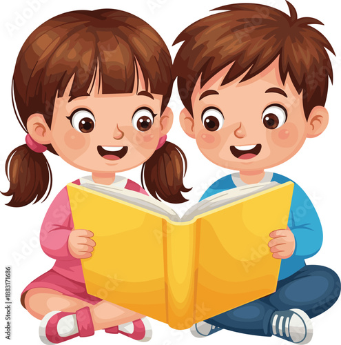 Cartoon of two children reading large yellow book together, shared learning and reading joy theme illustration, transparent background graphic