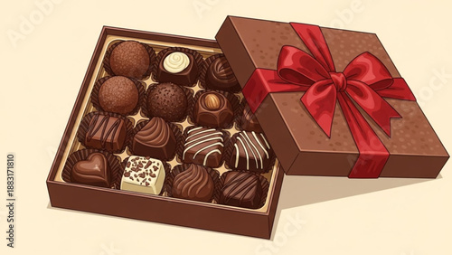 Chocolate Candies in Gift Box with Bow – Vector Illustration