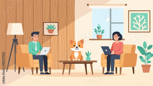Two people and a dog work on laptops in a cozy living room setting
