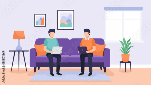 Two men working on laptops while sitting on a couch in a living room