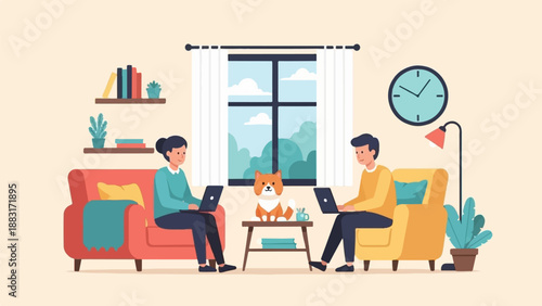 Two people and a dog working on laptops at home (1)