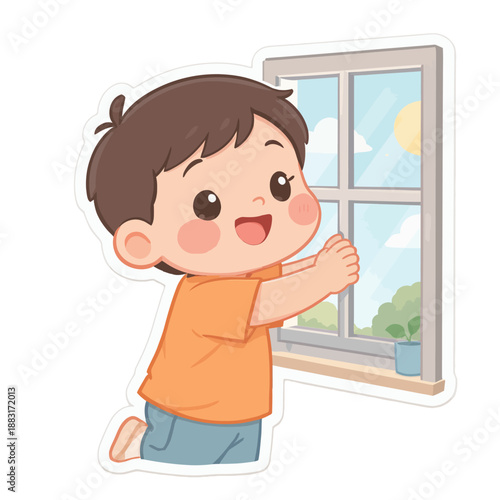 A cheerful cartoon boy proudly displaying a freshly cleaned window, symbolizing domestic joy and sparkling clarity