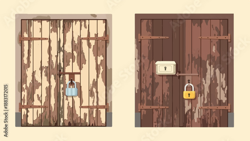 Two old, weathered wooden doors, each secured with a padlock and latch