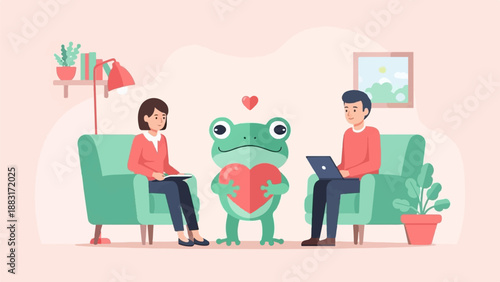 Two people and a frog with a heart in a cozy room