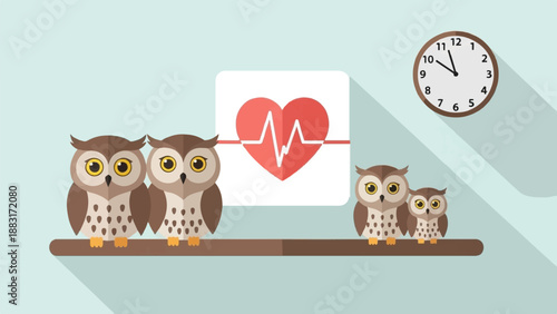 Two owl families sit on a branch with a heart rate monitor and clock