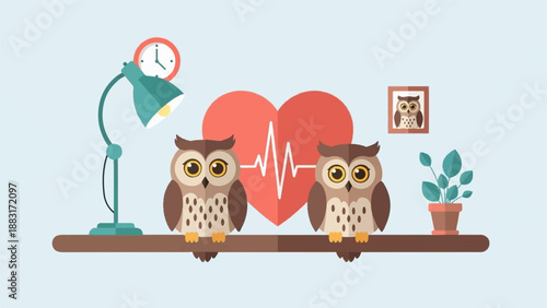 Two owls sit on a branch with heart, lamp, clock, and plant