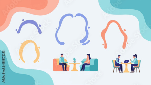Two pairs of people interacting in a minimalist, abstract setting