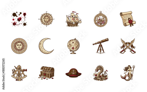 Vintage Woodcut Style Nautical Exploration Illustration Set for Maritime History and Pirate Adventure Branding