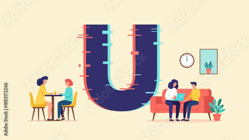 Two pairs of people interacting in a modern, stylized indoor setting