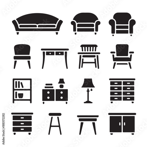 Furniture icons set: sofa armchair chairs desk bookshelf lamp dresser stool table cabinet home interior decor living room bedroom items