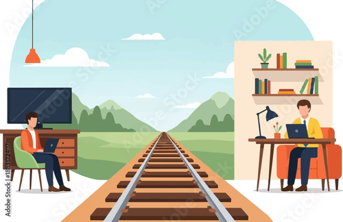 Two individuals work remotely from home, with railway tracks stretching to distant mountains