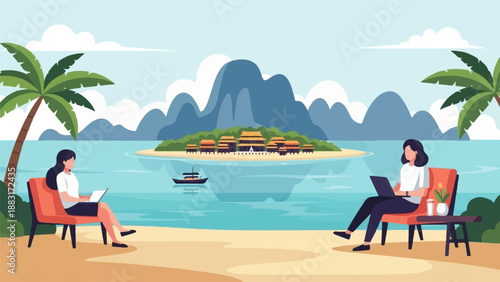 Two individuals work remotely on laptops by the tranquil ocean, near a tropical island