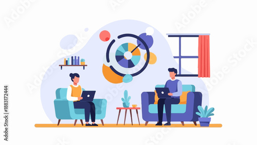 Two individuals work remotely on laptops in a modern, cozy living room setting