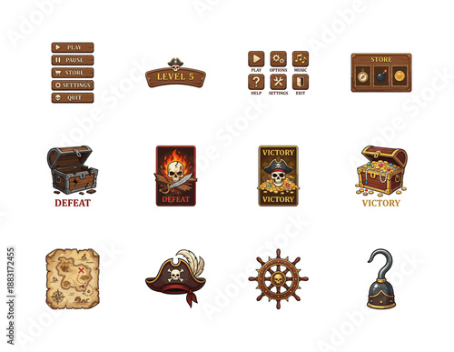 Cartoon Stylized Pirate Nautical Asset Sheet for Seafaring Adventure Game Interface UI Design